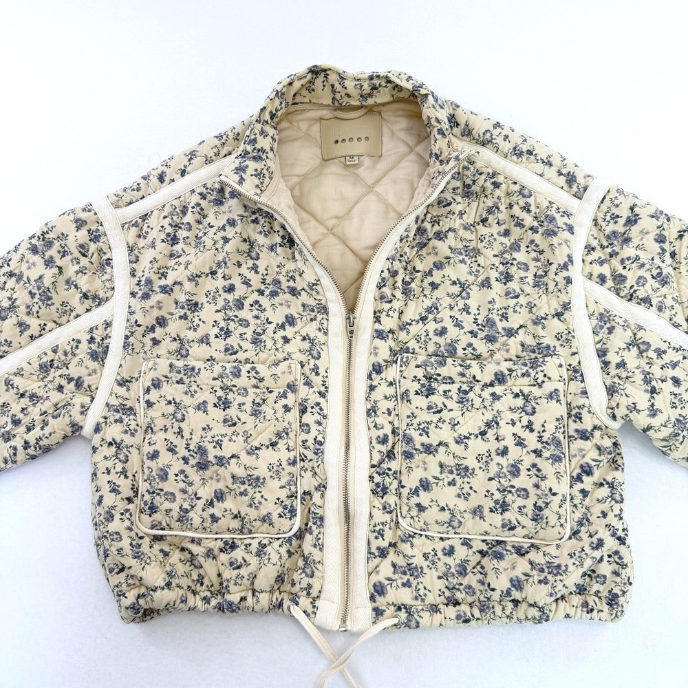 Blank NYC Roolee Floral Quilted Jacket Cream Blue Full Zip Womens Medium